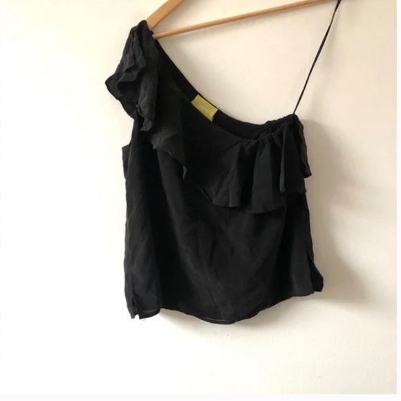 Anthropologie Maeve Black One Shoulder Silk Ruffle Top - Picture 2 of 3